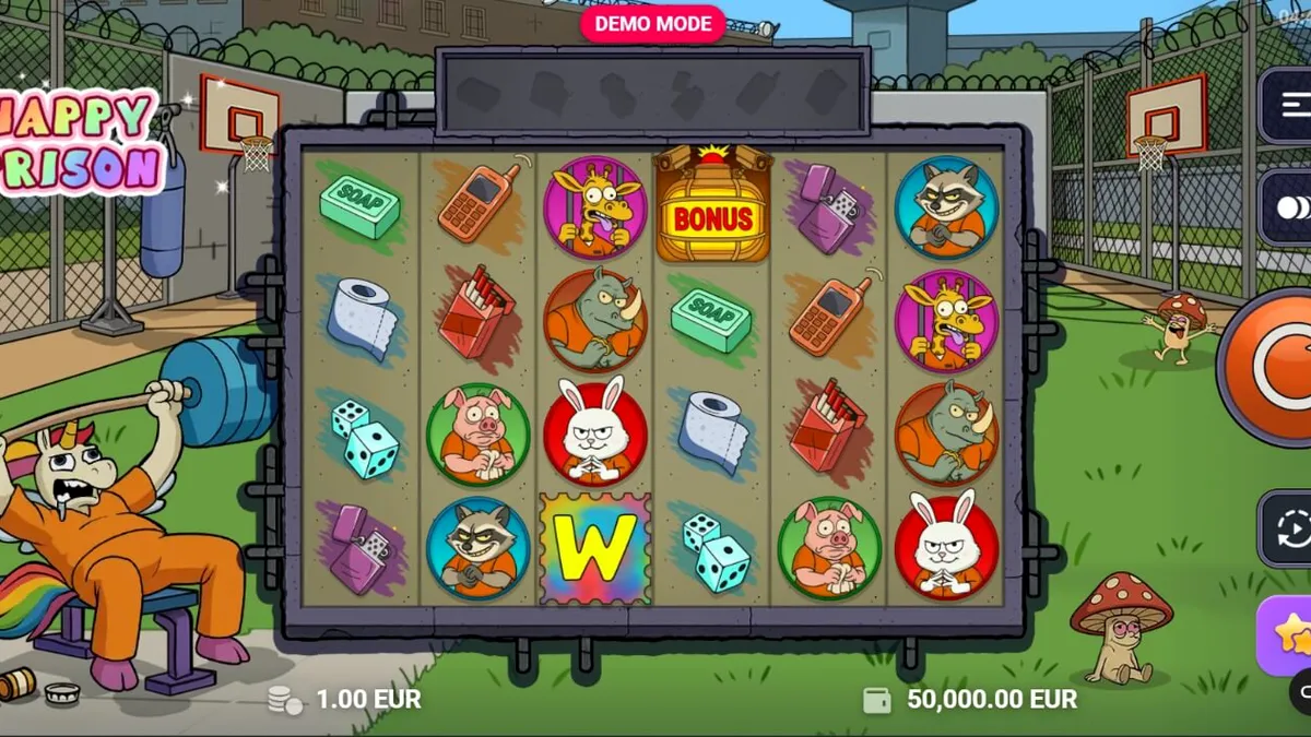 Tampilan visual slot Happy Prison dengan tema penjara kartun yang penuh warna